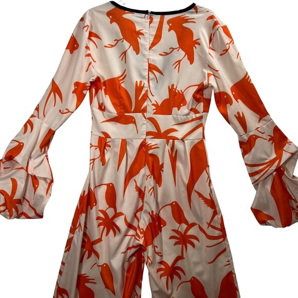 OC Order Womens S Poet Sleeve Bird Print Jumpsuit Deep Neck Wide Leg Resort Wear - Picture 8 of 16